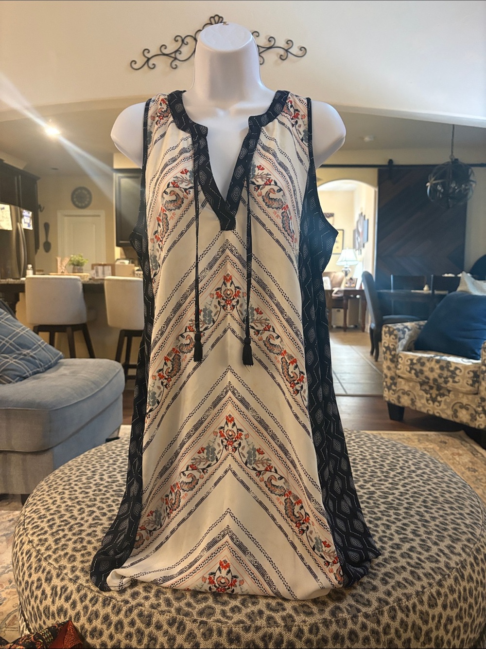 Xhilaration Cream and Navy Sleeveless Midi Dress with Tassel V-Neck